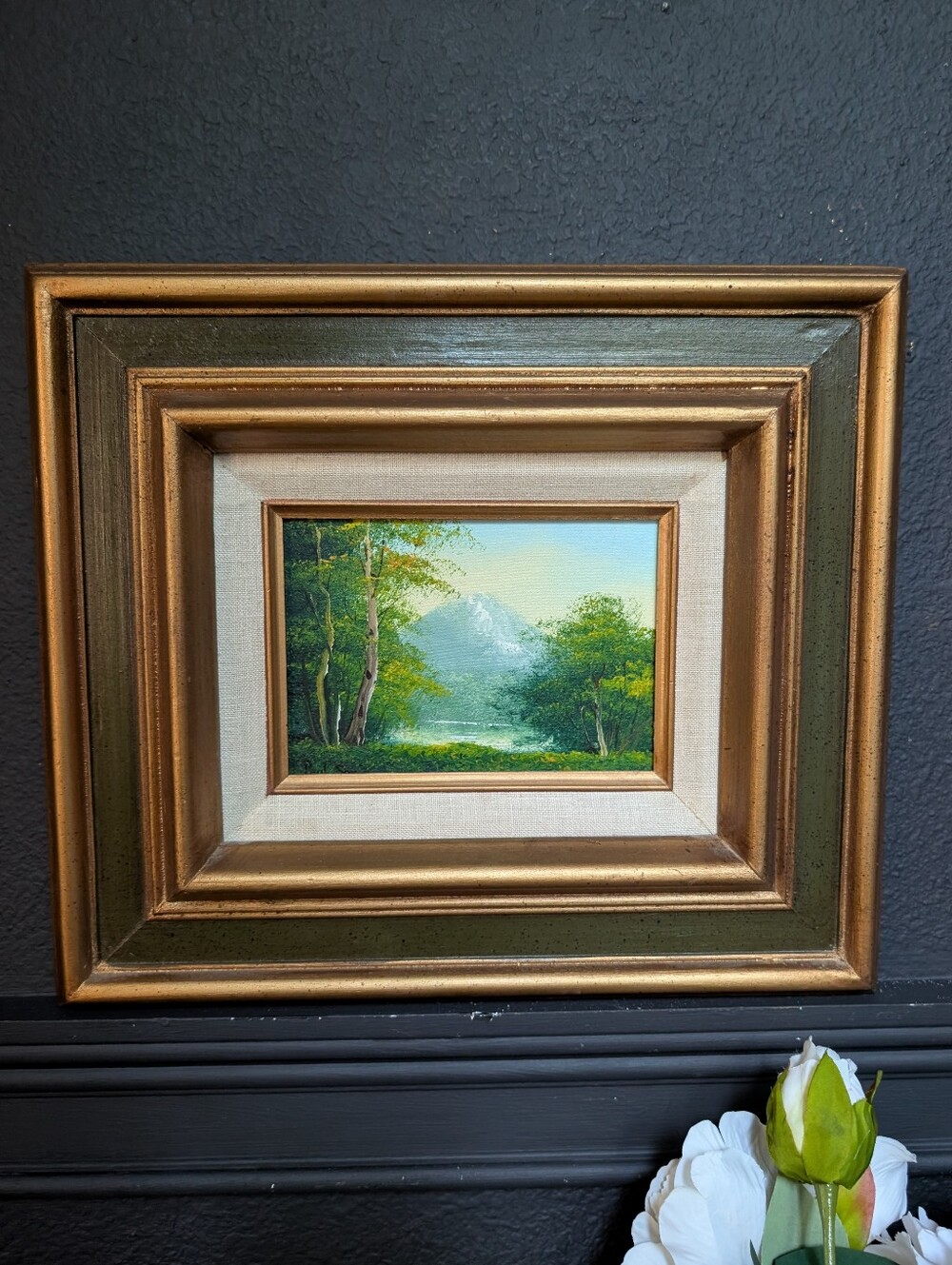 Charming! Vintage landscape oil painting on board,  serene mountain Landscape, W